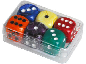 Weible Spiele Würfel Marmor, 6 Stück 16 mm, Acrylglas, Farben assortiert, in Klarsichtbox 61940041